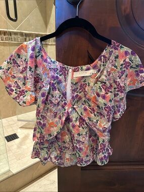 Astr Lavender Multi Floral Tie-Front Peplum Blouse